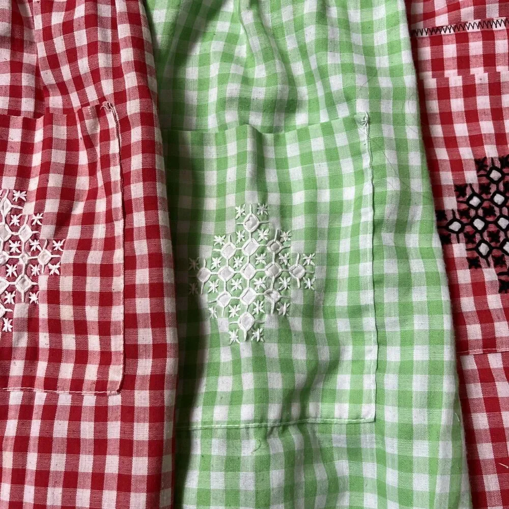 3 VTG Homemade Embroidered 2 Red 1 Green Gingham Check Pleated Aprons Mid Cent